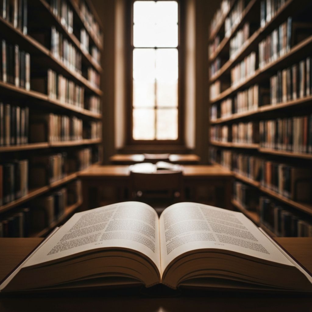 Fotografía institucional de un libro abierto en una biblioteca con luz natural suave
