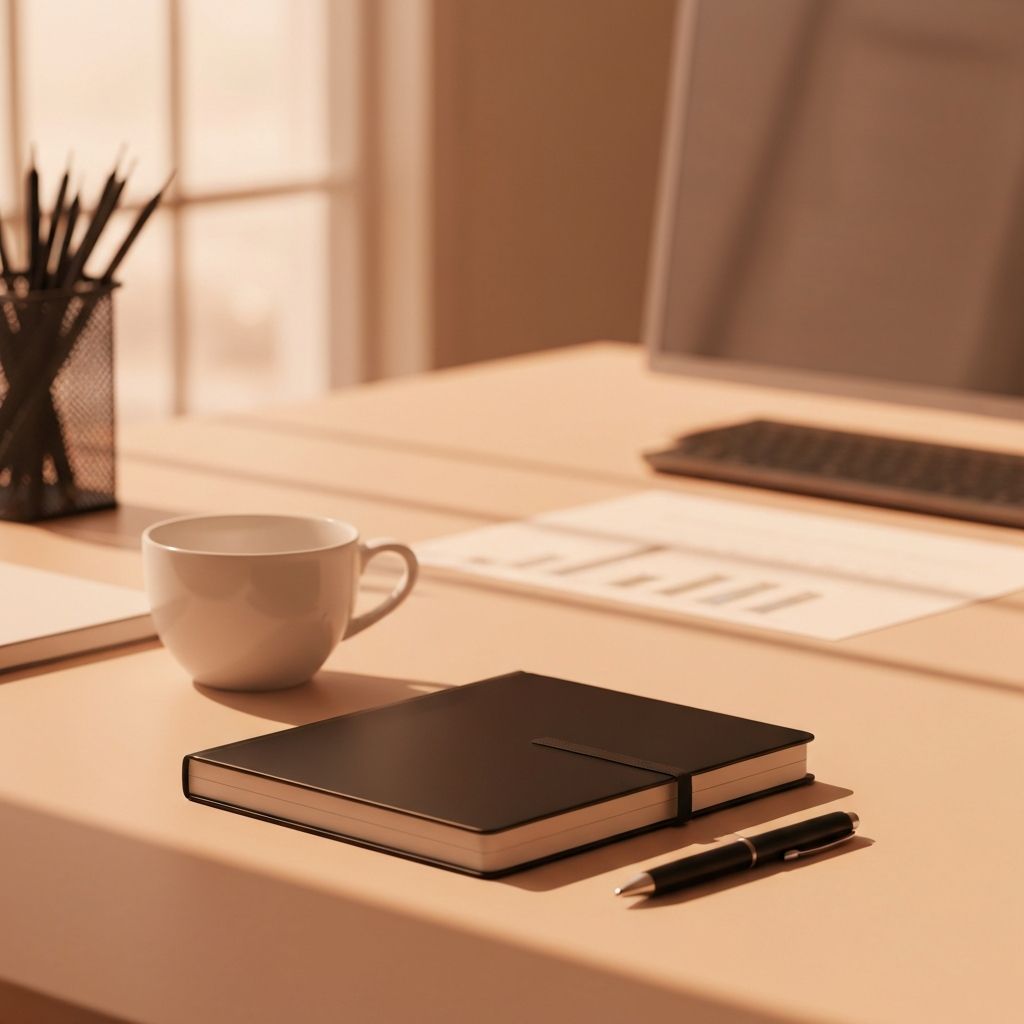 Escritorio minimalista profesional con libreta, bolígrafo y elementos de comunicación