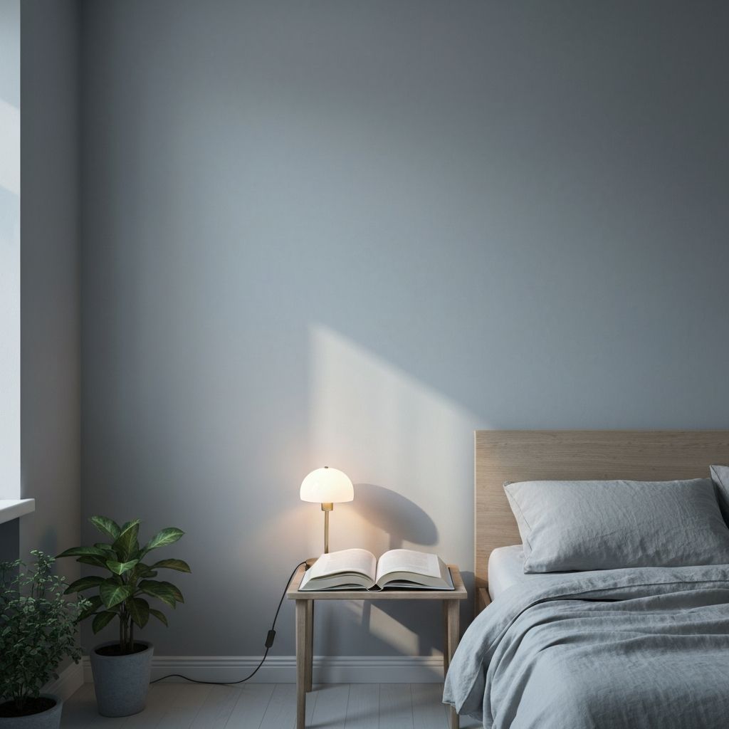 Escena minimalista de dormitorio tranquilo con libro abierto en luz natural suave