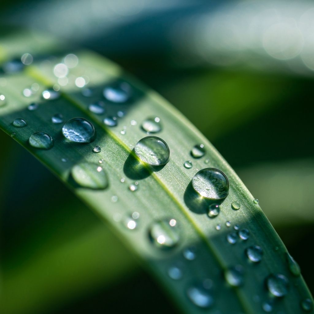 Primer plano artístico de gotas de agua en hojas naturales con luz matutina