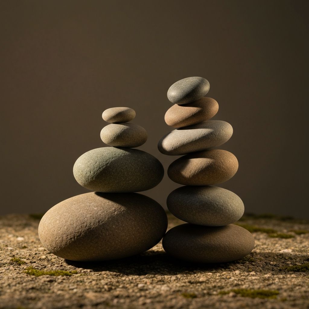 Piedras zen apiladas en equilibrio perfecto con iluminación cálida suave
